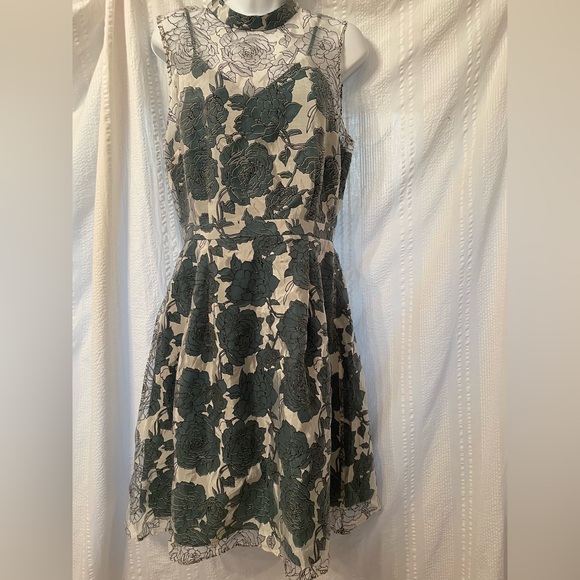 Mesh + Lace Dresses & Skirts - Lace + Mesh Sleeveless Floral Fit-and-Flare Dress Cream/Dark Green size medium